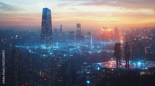 Wallpaper Mural abstract professional business team people connection of line from nail node to node on Smart digital cityscap and skyline background , Innovation networking concept Torontodigital.ca