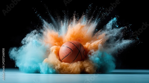 A basketball emerges from a burst of colorful powder, creating a dynamic visual impact that encapsulates the essence of sports and energetic motion.