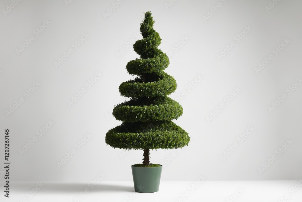 Spiral topiary in green pot against white background