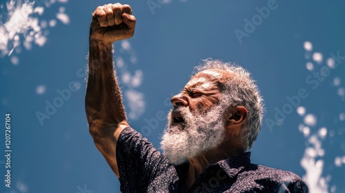 Angry elderly man with a white beard raises his fist against a clear blue sky, symbolizing strength and determination for rights.