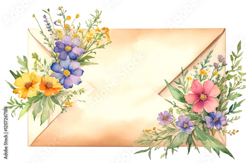 Watercolor Floral Envelope Design with Vintage Craft Paper Aesthetic