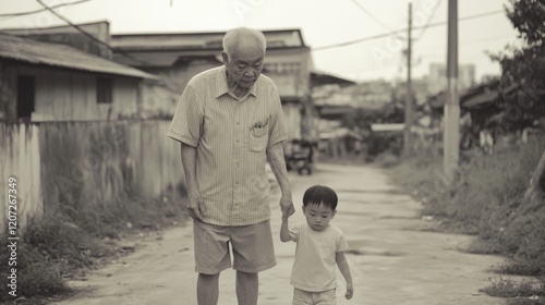 Grandfather and grandson holding hands, walking down a residential alleyway.