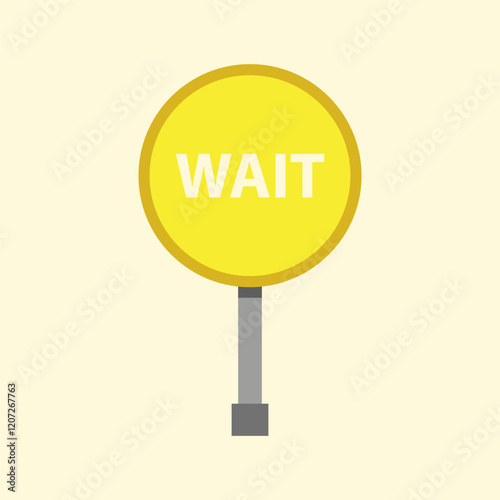 Vector illustration of a yellow circular sign with the word 'WAIT' on a pole.