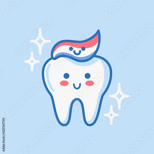 The tooth are covered paste. Sketchy character, image of brushing teeth, promoting dental health and oral hygiene. Emphasizing the importance of protecting enamel and preventing tooth decay.