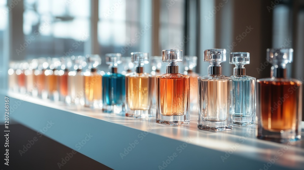 An array of beautifully designed perfume bottles sits elegantly on a sleek shelf, showcasing vibrant liquid colors that evoke luxury and sophistication. An array of beautifully designed perfume bottles sits elegantly on a sleek shelf, showcasing vibrant liquid colors that evoke luxury and sophistication.