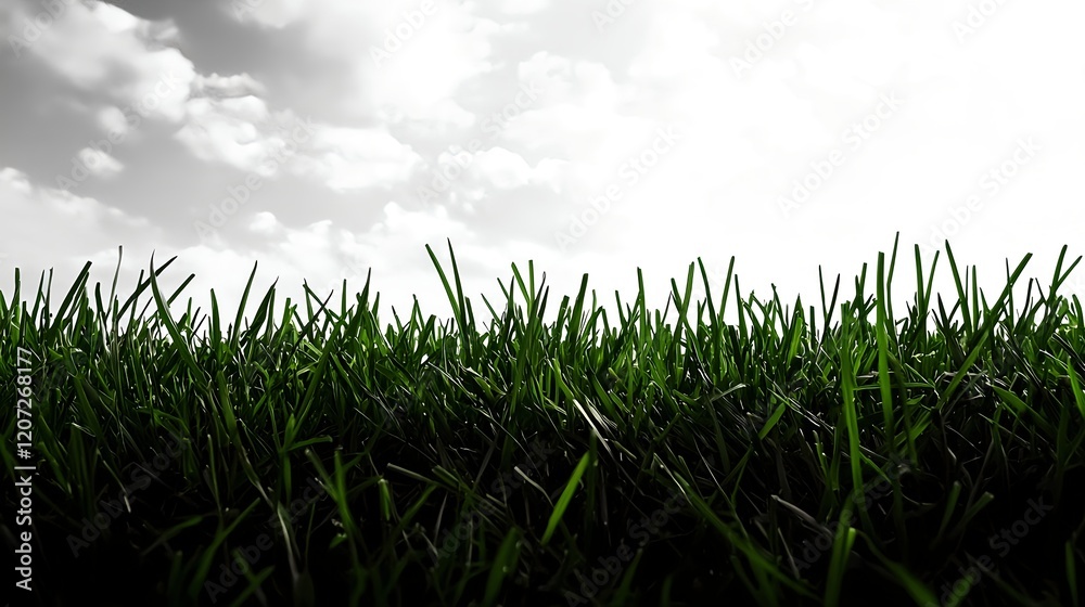 Obraz premium Lush Green Grass with Soft Cloudy Background in Black and White