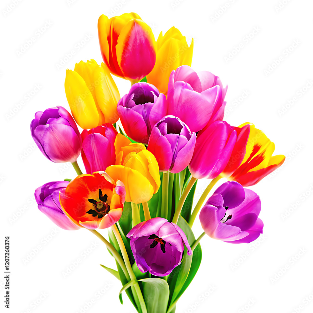 Multicolored spring tulips Vibrant flowers bouquet head isolated on white background PNG.AI GENERATED