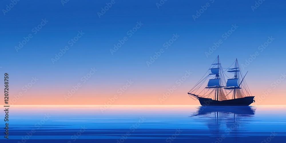 Fototapeta premium Solitary Vessel on Vibrant Blue Sea: Abstract Marketing Background. High-End 8K Flat Illustration for Creative Advertising. Vivid Colors Capture Isolation and Adventure. Premium Design Element for Pos