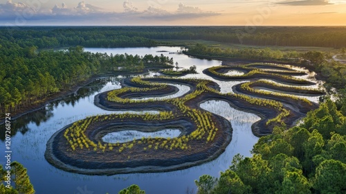 Wallpaper Mural Aerial view of a serene wetland landscape at sunset Torontodigital.ca