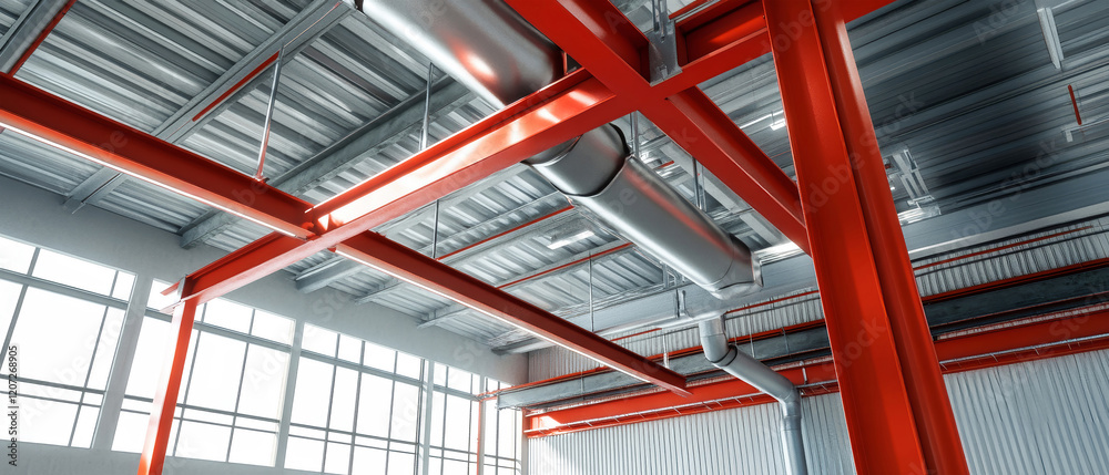 Perspective of vibrant red steel beams and air conditioning pipes in a spacious industrial warehouse Perspective of vibrant red steel beams and air conditioning pipes in a spacious industrial warehouse