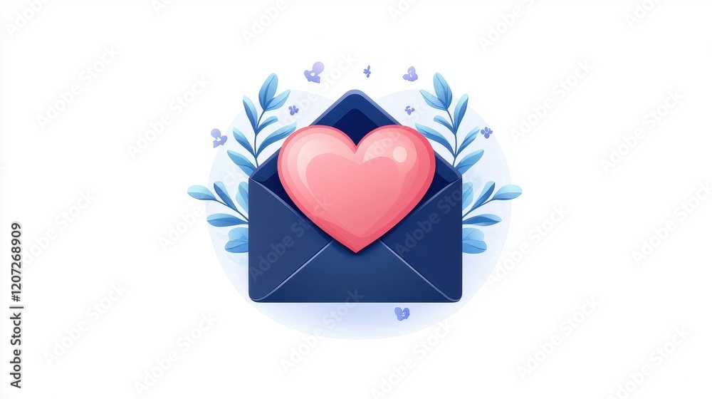 Romantic Digital Illustration Heart Shaped Love Letter in Blue Envelope with Floral Design Romantic Digital Illustration Heart Shaped Love Letter in Blue Envelope with Floral Design