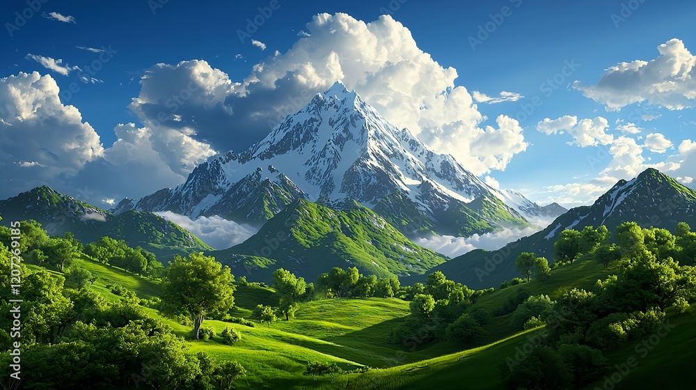 Majestic Snow-Capped Mountain Surrounded by Lush Green Hills and Clouds Majestic Snow-Capped Mountain Surrounded by Lush Green Hills and Clouds