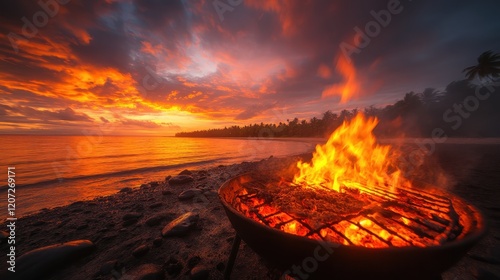 A vibrant sunset illuminates a beach barbecue, with flames licking the grill and casting a warm glow on the surroundings, inviting relaxation and enjoyment. photo