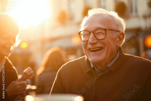 commercial photography for advertising campaign elderly man laughing with friends over coffee in outdoor café surrounded