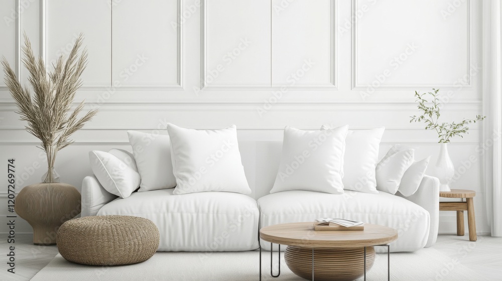 Fototapeta premium A minimalist throw pillow in solid white with subtle textured details, perfectly complementing a clean, modern interior design