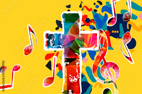 Creative music style template vector illustration, colorful cross with music staff and notes background. Religion themed design for gospel church music and concert, choir singing, Christianity, prayer
