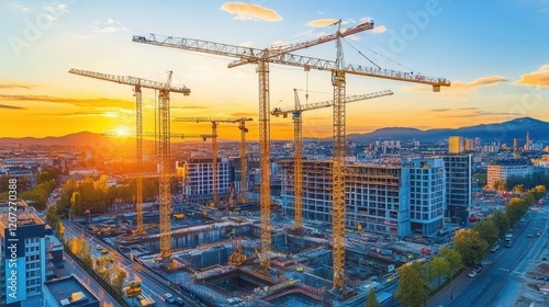 Towering cranes loom over a bustling construction site, their metallic arms stretching towards the sky as workers orchestrate the cityâs transformation.