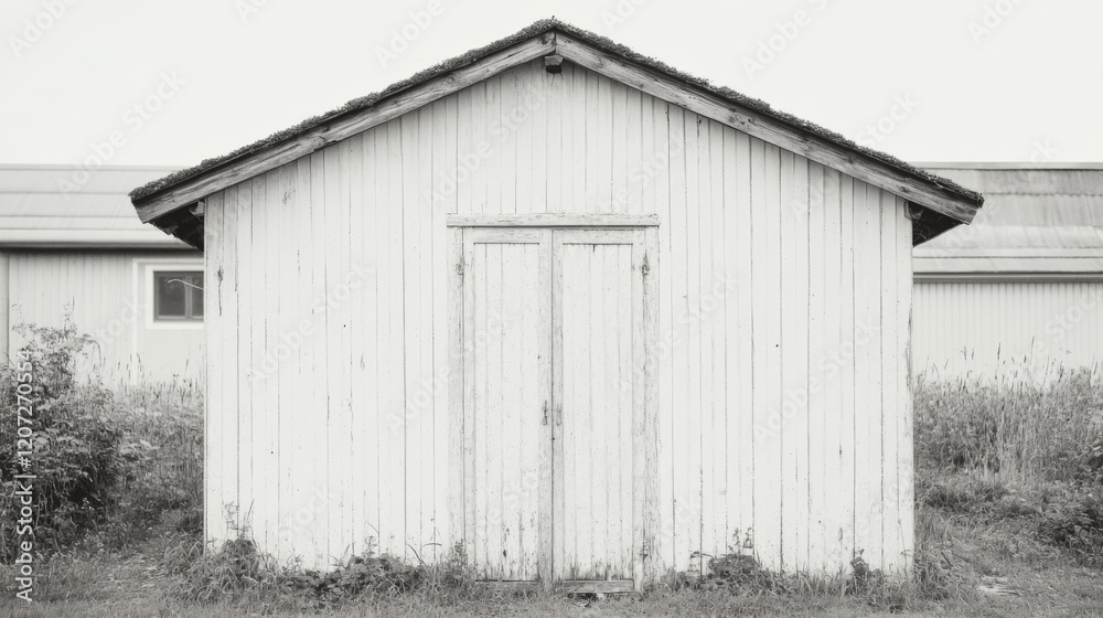 Monochrome photo of a weathered, white wooden shed with double doors, situated between taller buildings in an overgrown field. Monochrome photo of a weathered, white wooden shed with double doors, situated between taller buildings in an overgrown field.