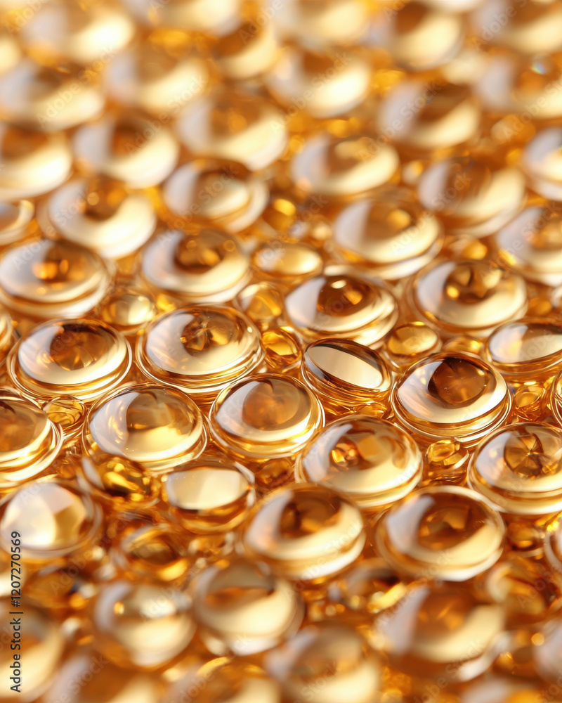 Golden crystal like spheres with reflective surfaces create luxurious abstract background Golden crystal like spheres with reflective surfaces create luxurious abstract background