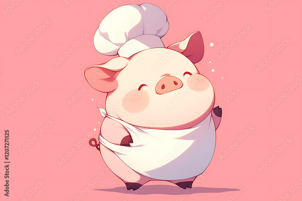 Cute cartoon pig chef wearing a white apron and hat, smiling joyfully in a pastel pink kitchen Cute cartoon pig chef wearing a white apron and hat, smiling joyfully in a pastel pink kitchen