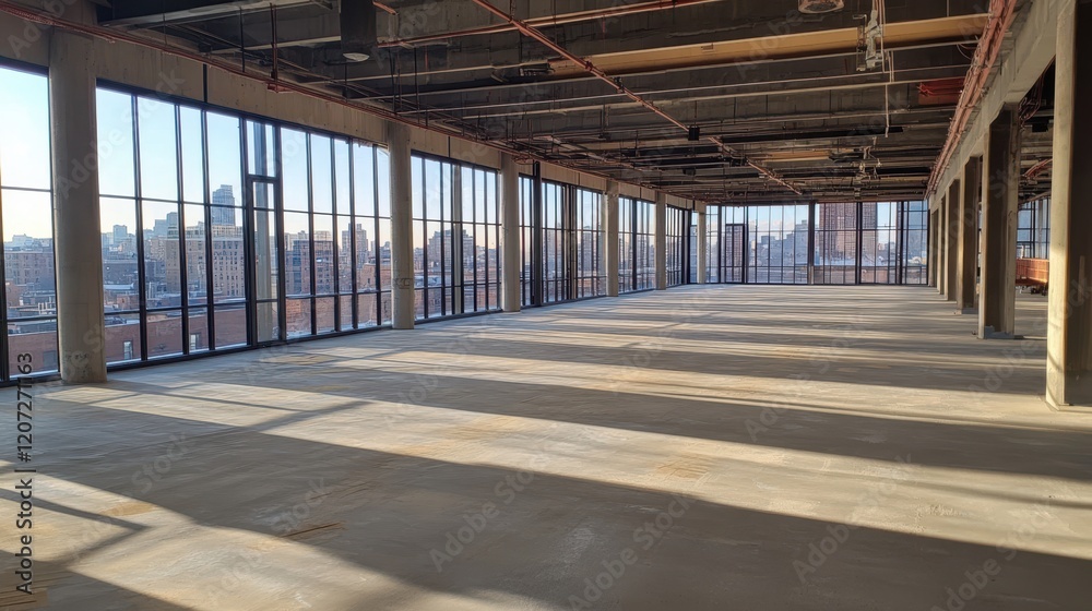 A spacious room adorned with numerous windows, offering a breathtaking view of a vibrant city skyline under a clear blue sky. A spacious room adorned with numerous windows, offering a breathtaking view of a vibrant city skyline under a clear blue sky.