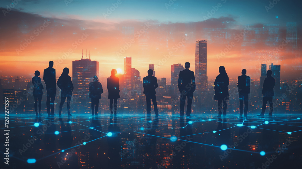 abstract professional business team people connection of line from nail node to node on cityscap and skyline background , networking concept abstract professional business team people connection of line from nail node to node on cityscap and skyline background , networking concept