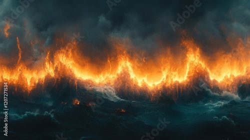 Fiery Waves Crashing Under a Dark Stormy Sky photo