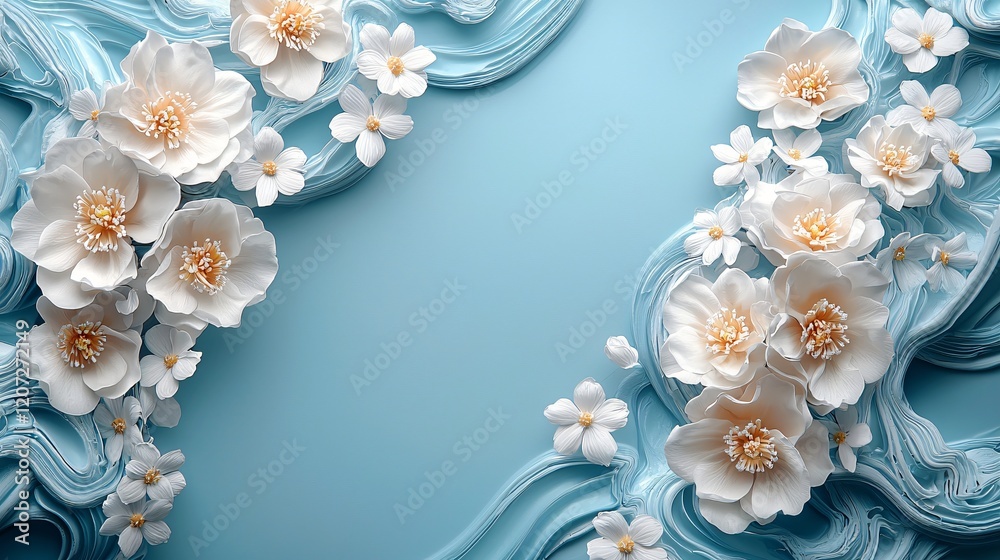 White flowers on a light blue background with flowing abstract lines creating a soft elegant look White flowers on a light blue background with flowing abstract lines creating a soft elegant look