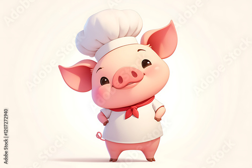 Cute cartoon pig chef wearing a hat and apron, smiling confidently in a bright kitchen setting