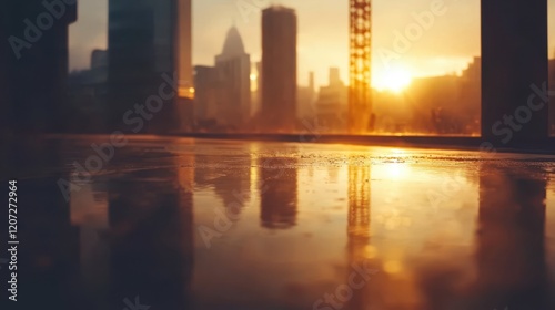 A breathtaking sunset casts golden hues over a bustling city skyline, mirrored in shimmering waters, creating a scene of tranquility and urban beauty.