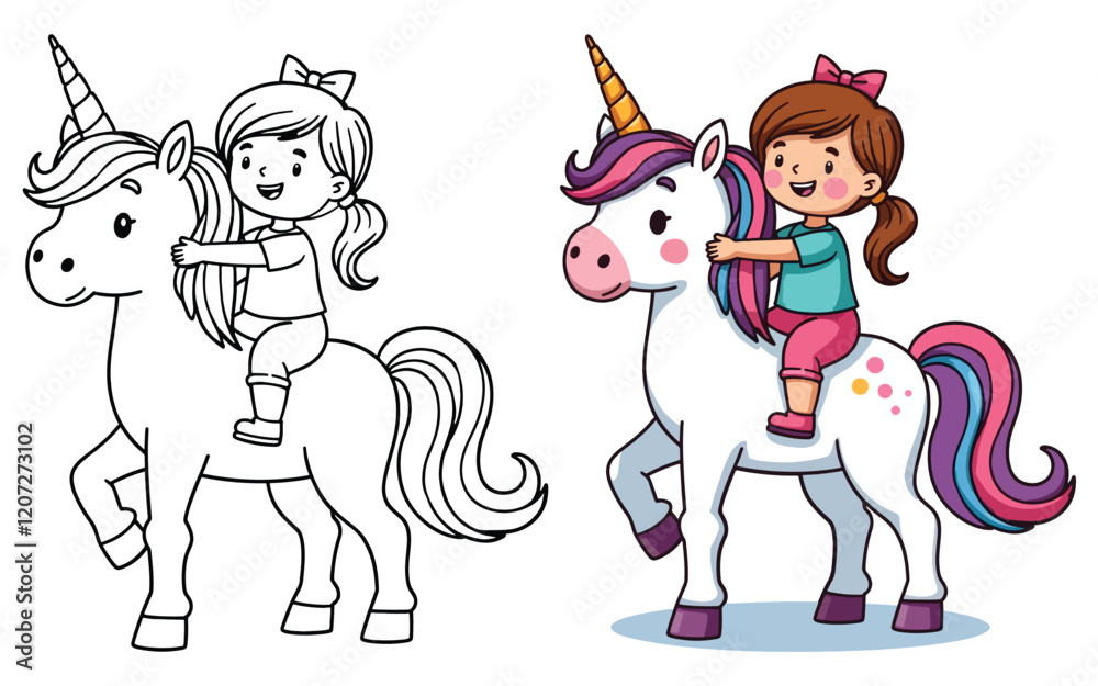 Cute Kawaii Unicorn and Little Girl Line Art Vector Illustration Black and White with Coloring Sample. Bold and Easy Animals Coloring Pages for Adults and Kids. Kids apparel print design Cute Kawaii Unicorn and Little Girl Line Art Vector Illustration Black and White with Coloring Sample. Bold and Easy Animals Coloring Pages for Adults and Kids. Kids apparel print design