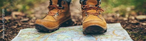 Hiker standing on a map in the forest, ready for an adventure.