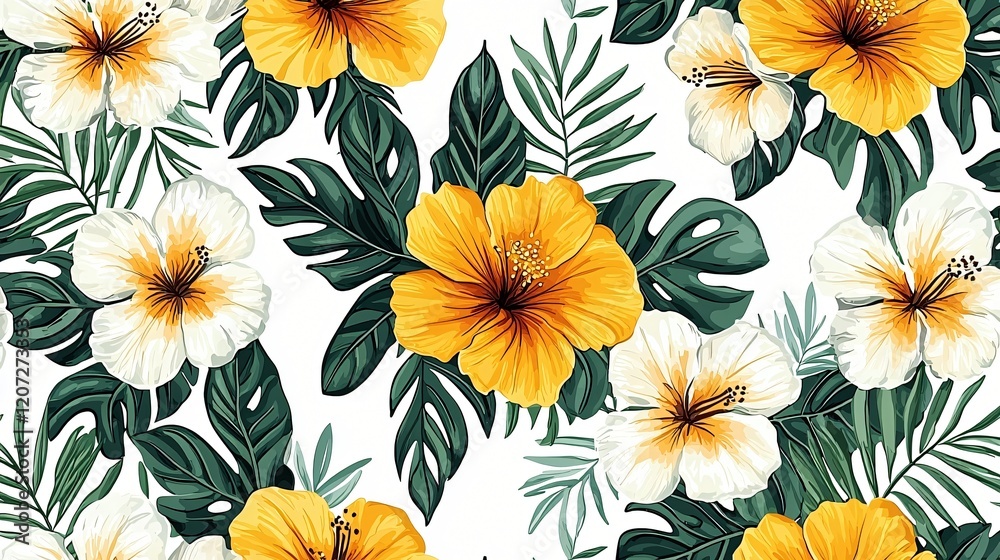 Tropical floral pattern with yellow and white hibiscus flowers and green palm leaves on white