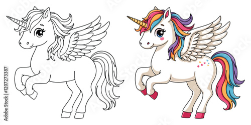 Cute Kawaii Unicorn Line Art Vector Illustration Black and White with Coloring Sample. Bold and Easy Animals Coloring Pages for Adults and Kids. Kids apparel print design