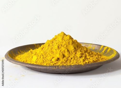 A pile of vibrant yellow powder on an Indian steel plate, against a white background. This image captures the essence of the Indian festival of Holi, the festival of colors.  photo