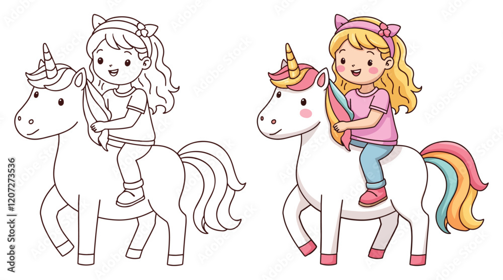 Cute Kawaii Unicorn and Little Girl Line Art Vector Illustration Black and White with Coloring Sample. Bold and Easy Animals Coloring Pages for Adults and Kids. Kids apparel print design Cute Kawaii Unicorn and Little Girl Line Art Vector Illustration Black and White with Coloring Sample. Bold and Easy Animals Coloring Pages for Adults and Kids. Kids apparel print design