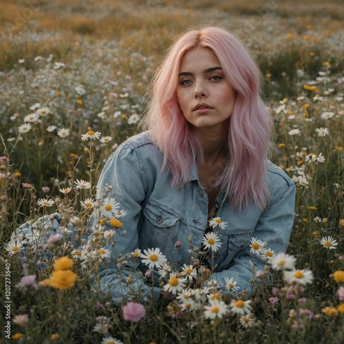 A girl with pastel-colored hair posing in a flower-filled meadow.