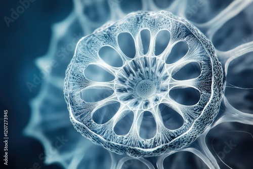 Intricate, icy blue structure resembles a microscopic organism or abstract art. photo