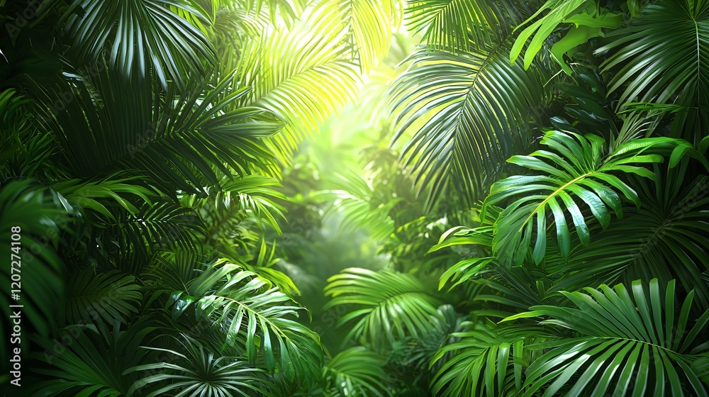 Lush tropical foliage with bright light shining through dense green palm fronds and leaves Lush tropical foliage with bright light shining through dense green palm fronds and leaves