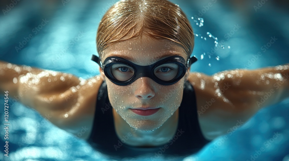 Fototapeta premium Young swimmer in pool, underwater view.