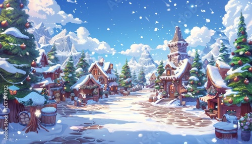 A charming, snow-covered village with cobblestone streets, quaint houses, and snow-capped mountains in the background.