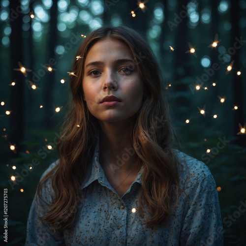 A dreamy portrait of a girl surrounded by glowing fireflies in a moonlit forest.