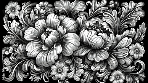 Wallpaper Mural Elegant floral pattern with intricate details in grayscale on a black background artwork Torontodigital.ca
