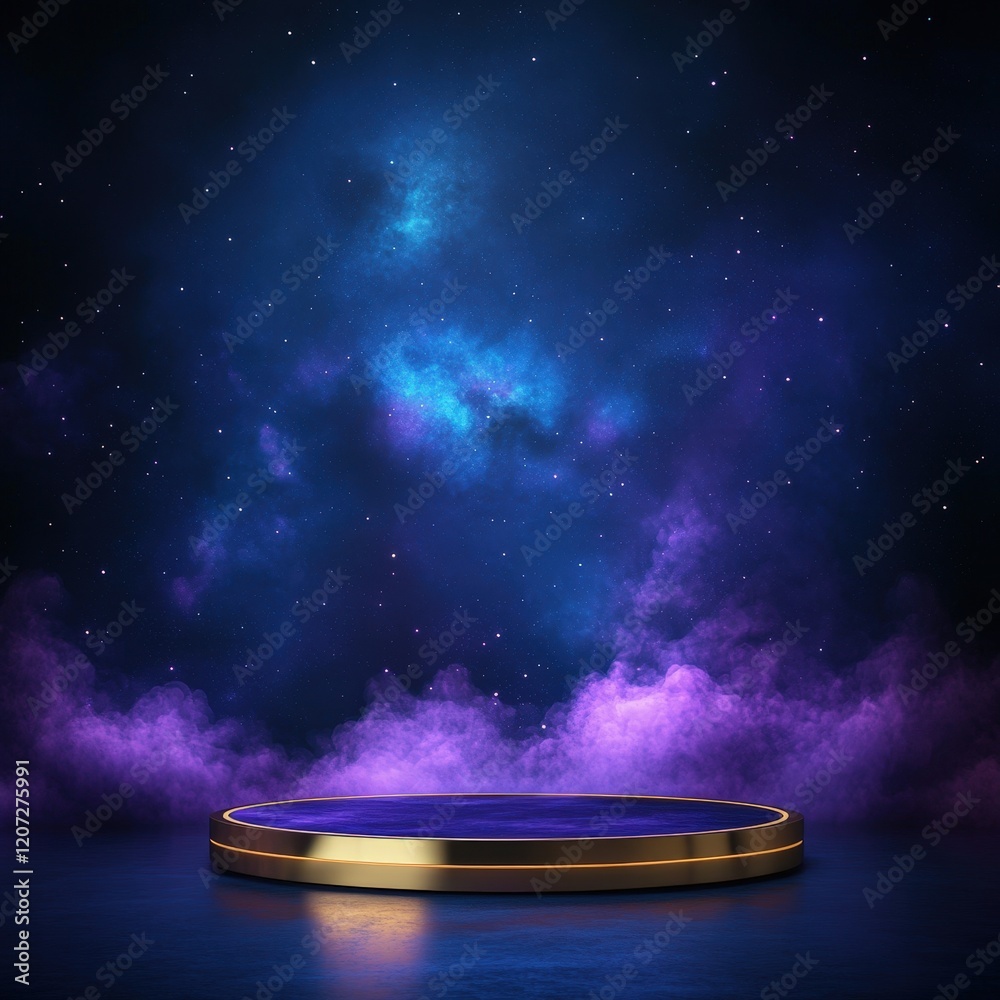 Cosmic Nebula Display Podium: Elegant Gold and Purple Stage for Product Presentation Cosmic Nebula Display Podium: Elegant Gold and Purple Stage for Product Presentation