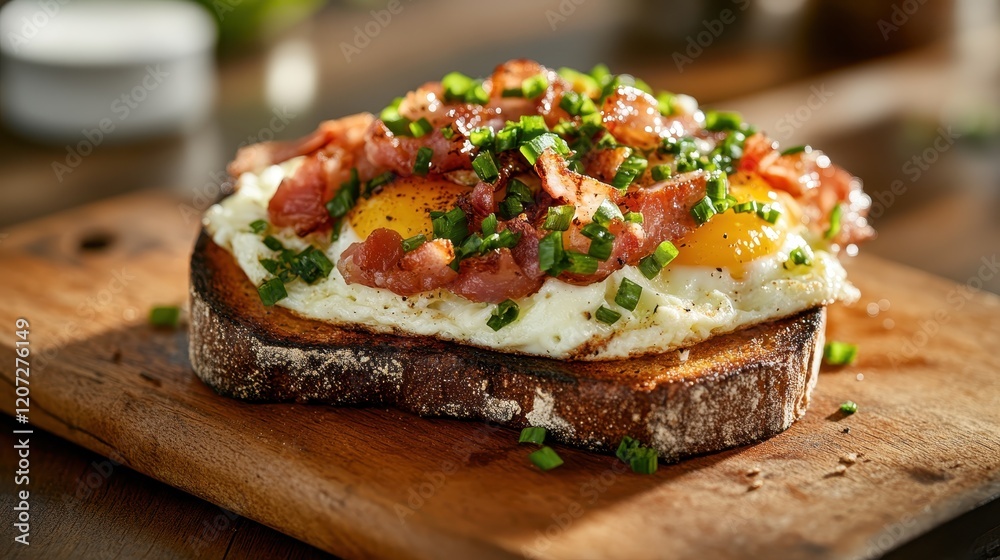 A tempting plate of crispy bacon and sunny side-up eggs on toasted bread, garnished with chopped onions for a delicious and fulfilling breakfast experience. A tempting plate of crispy bacon and sunny side-up eggs on toasted bread, garnished with chopped onions for a delicious and fulfilling breakfast experience.