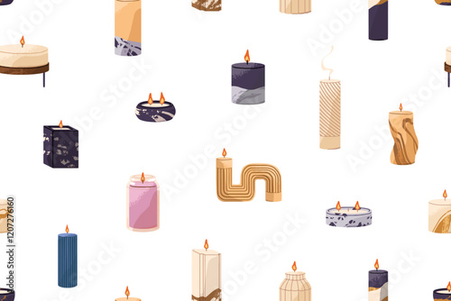 Repeatable pattern of scented candles with different shapes in jars, holders. Endless background with aroma candlelights. Trendy interior decoration, home decor. Flat seamless vector illustration