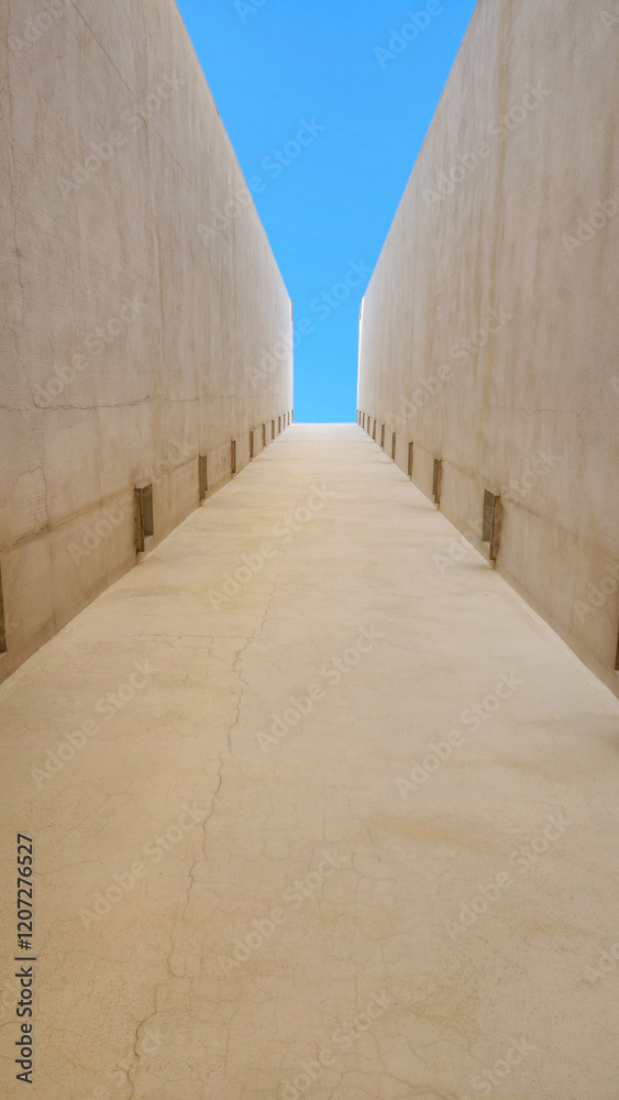 road running through concrete walls and blue sky on the horizon road running through concrete walls and blue sky on the horizon