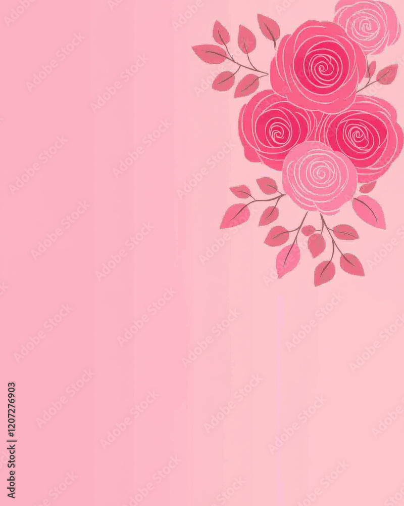 Soft pink background with floral rose motif and delicate leaves on top right corner Soft pink background with floral rose motif and delicate leaves on top right corner