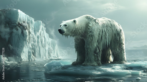 An emotional photography of a starving polar bear standing on a shrinking ice floe, set against a vast and melting icy ocean.