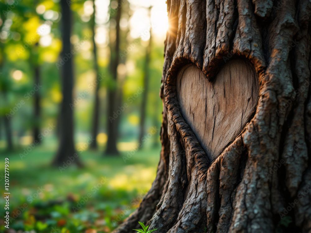Fototapeta premium Heart carved in tree in sunlit forest